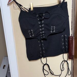 Black Lace-Up Ribbed Corset Crop Top
